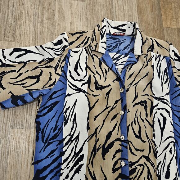 Vtg Alia Zebra Print Blouse Womens 6 Colorblock Retro Wearable Art Blue Beige - Picture 2 of 8